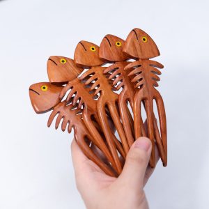 Wooden 3-Prong Hair Fork Set of 5 – Fish Bone Design Natural Wood Hair Sticks for Buns