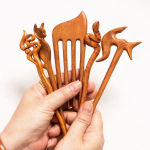 Wooden Hair Fork Set of 5 – Natural Wood Hair Sticks for Buns and Long Hair