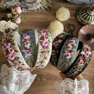 Handmade Floral Embroidered Linen Headband – Hand Stitched Hairband for Women