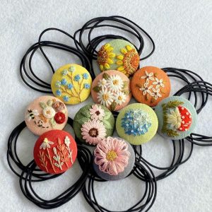 Hand Embroidered Floral Linen Hair Tie – Handmade Fabric Hair Elastic with Button